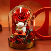 TC Wholesale Dôme en verre rond de 21 cm avec une seule fleur naturelle, cadeau pour la Saint-Valentin, la fête des Mères, style chat porte-bonheur, ornement de rose préservée