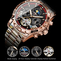 Montre automatique mécanique de luxe POEDAGAR, acier inoxydable, pour homme, tourbillon, étanche, lumineuse, date, montre-bracelet homme 1410