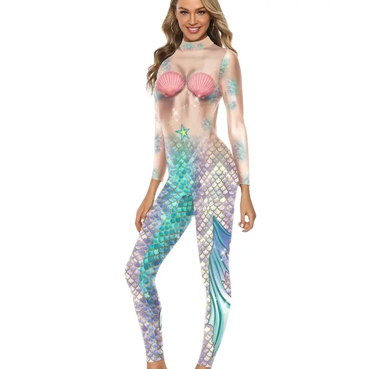 Halloween Nuovo Delle Donne di Disegno Della Sirena Stampa Digitale Abbigliamento Unico Tessuto della Scala di Pesci Palestra Tuta Attivo