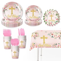 Packs de vaisselle jetable sur le thème du baptême du bébé, assiettes en papier de 7 pouces, gobelets, serviettes, fleurs roses, fête d'anniversaire, fête de naissance