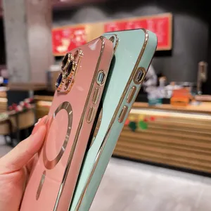 Sarung ponsel magnet wanita tpu lunak warna ganda kustom sarung electroplating untuk iphone 15 14 pro max 13