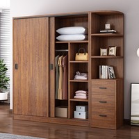 Armoire moderne en teck avec porte coulissante, 3 tiroirs et étagères ouvertes, placard pour chambre à coucher, maison, hôtel, appartement