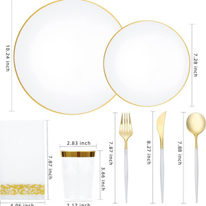 Ensemble de vaisselle jetable moderne minimaliste en plastique rigide de 175 pièces, assiettes noires avec bordures dorées, couteaux, fourchettes, cuillères, verres à vin - Product Image 2