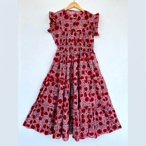 Women Hand Block Printed Cotton <b>Maxi</b> <b>Dress</b> V Neck Flutter <b>Sleeve</b> Smocked Waist Tiered Boho <b>Summer</b> Long <b>Dress</b> - Product Image 1