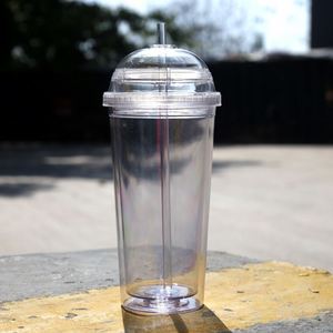 20oz <b>Reusable</b> Double Wall Clear Plastic <b>Straw</b> Cup Portable Student Water Cup Lightweight for School Travel Presents - Product Image 5