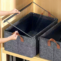 Boîte de rangement en tissu pliable avec poignée en cuir, grande capacité, rectangulaire, anti-poussière, pour armoire, placard, vêtements