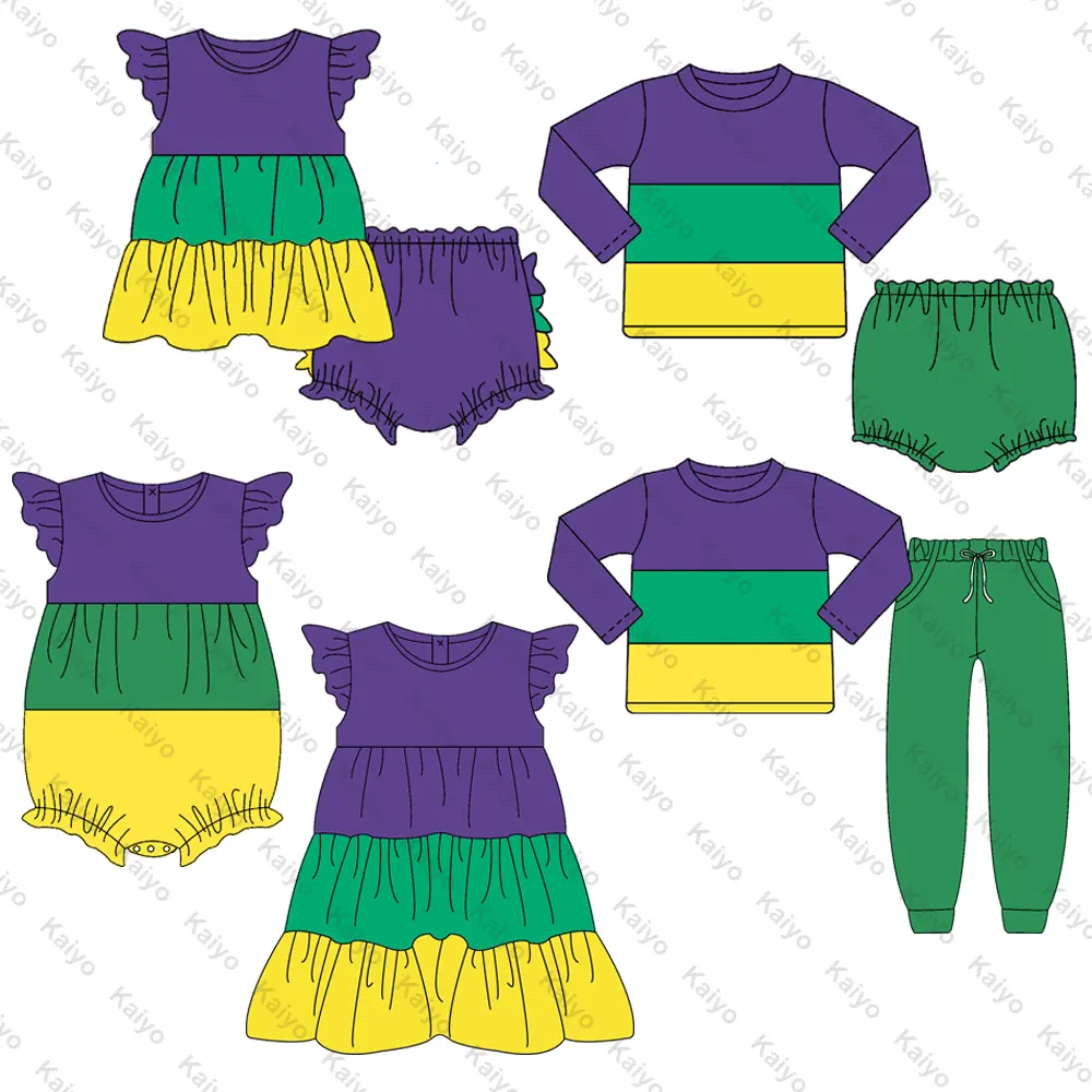 Custom Design Kids Lente Kleding Set Katoen Gebreide Mardi Gras Broer Of Zus Baby Meisjes Outfits