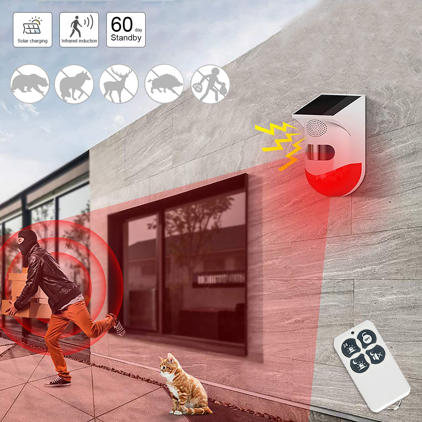 House Home Solar Powered Outdoor Burglar Security Anti Theft Alarm Siren Wireless PIR Infrared Detection Alarm Remote Control · image 2