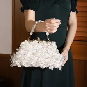 2024 Evening Bag Popular White Flower Clutch Bag Embroidered Purse Pearl Handbag For Women NE1079