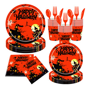 Halloween <b>Disposable</b> Tableware Set Paper <b>Plates</b> Cups Napkins Cutlery Party Supplies Kit for Halloween Celebration - Product Image 1