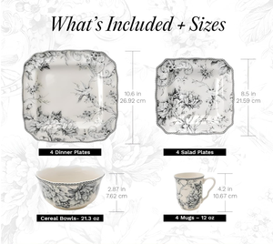 Vintage <b>Grey</b> Floral Bird Ceramic Dinnerware <b>Set</b> 16-Piece Square Plate Bowl <b>Mug</b> <b>Set</b> For 4 French Country Wedding Hotel Restaurant - Product Image 2