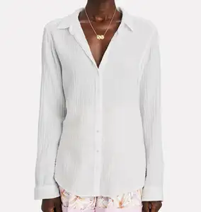 women's crinkle cotton gauze button down shirt in white