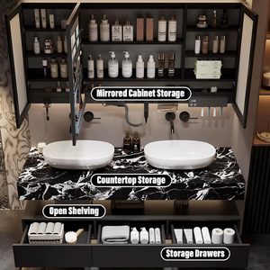 Mueble de Baño Moderno de Lujo en Blanco y Negro, con Doble Cajón, <span class=keywords><strong>Lavabo</strong></span> Integrado y Espejo con Gabinete LED Inteligente - Product Image 5