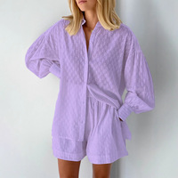 Ensemble 2 pièces décontracté pour femme, nouvelle collection 2026, avec logo personnalisé, chemise en coton jacquard à manches longues et poches, et short 5XL
