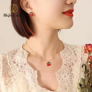 Gold plated cute zirconia cherry earrings necklace bridal women accessories dubai jewelry sets jewellery