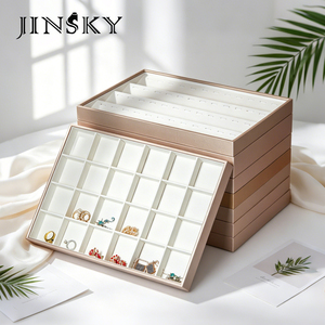 Gold Brushed Leather Jewelry Display Tray White Interior Counter Storage for Pendant <b>Necklace</b> <b>Ring</b> Earrings - Product Image 2