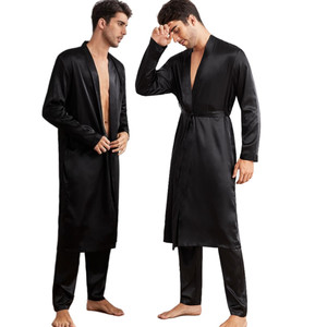 Ensemble de Robes et pantalons de luxe pour hommes, couleur unie, ceinture personnalisée, Robes longues tissées en Satin de soie, Robe de bain Longue - Product Image 1