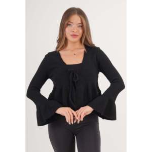 Wholesale Winter <b>Cardigan</b> with Long Front-<b>Tie</b> Ruffle Detail <b>Black</b> Print on Wool and Fur Material Button and Lace Decoration - Product Image 5