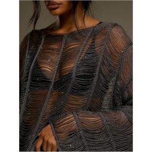 Haut transparent en maille scintillante pour femme, style Y2K, pour soirée, club, rave, pull à manches longues, haut tendance transparent - Product Image 4
