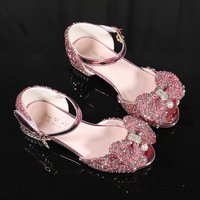 Chaussures d'été à talons pour enfants, mode enfantine, avec paillettes, pour l'école, jolies chaussures de princesse avec nœud appliqué pour anniversaire, vente en gros