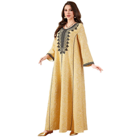 Robe longue maxi musulmane décontractée pour adultes, col rond, broderie florale noire, en polyester, manches longues amples, style Abaya Kaftan