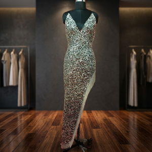 Women's Elegant Beaded V-Neck Floor-Length Evening <b>Dress</b> with Chapel Train Sleeveless Unique Side Slit for Prom-like Occasions - Product Image 2