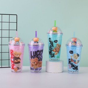 Trendy 450ml Hip Hop Skateboarding Bear Pattern Double Wall Blue <b>Plastic</b> <b>Straw</b> Cup with Pastel Pom Pom Decor Dome Lid - Product Image 5