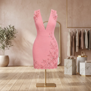 Pink Satin Breathable Empire Waist Floral Embroidered Evening Gown Sleeveless V-Neck Bodycon Mini <b>Cocktail</b> Dress - Product Image 2