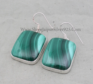 Boucles d'oreilles en argent sterling 925 faites à la main, respectueuses de la peau, serties de pierres précieuses de malachite naturelle, coupe coussin, pour mariage et fête - Product Image 6