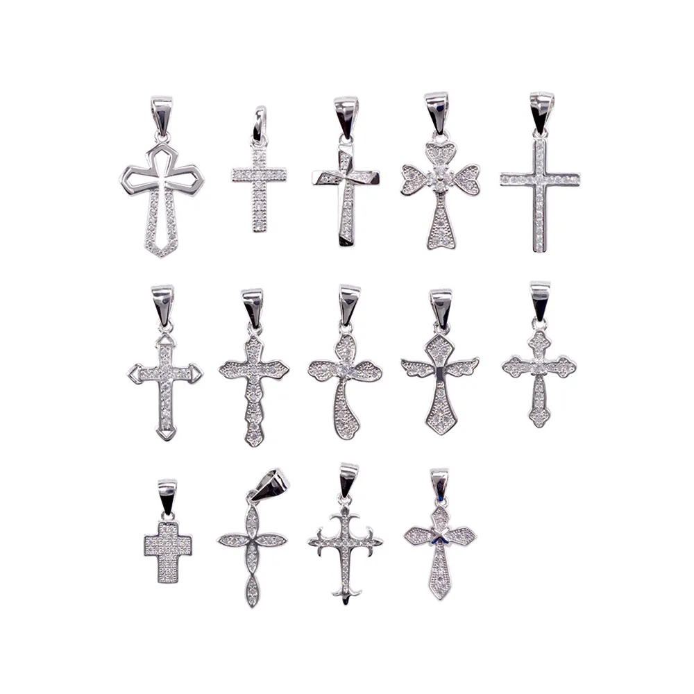 Micro insert Cubic Zirocon Real 925 Sterling Silver Fashion Faith Cross Charm Pendant DIY Accessories Jewelry Wholesale