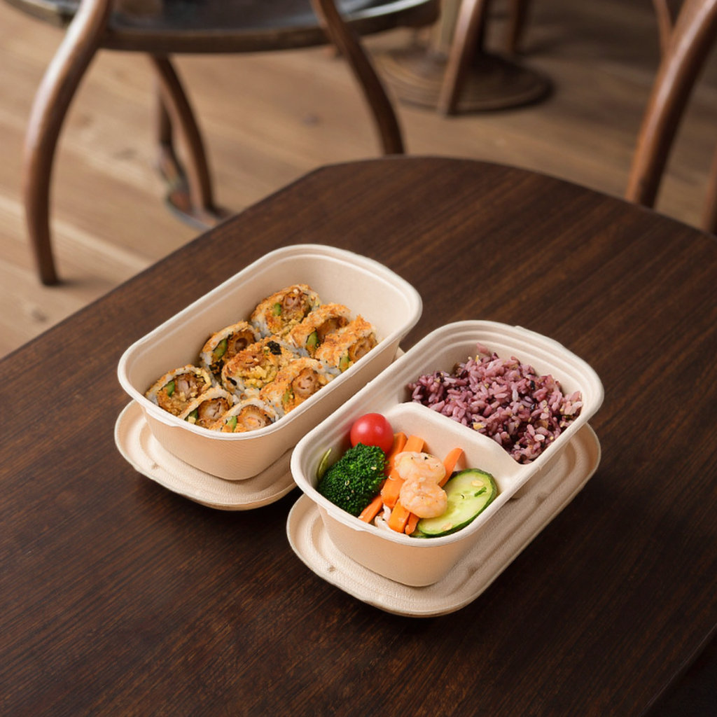 Disposable Paper Plate Bagasse Rectangular Lid Thickened Microwavable Meal Takeaway Bento Salad Bowl Reusable BPA 100%