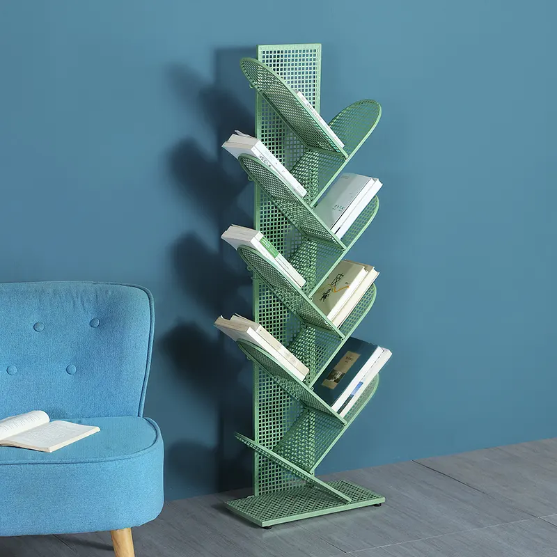 Estante moderna de árvore, estante preta de aço para livros e livros de livros com escada para crianças
