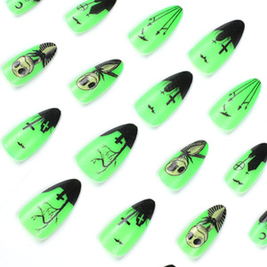 <span class=keywords><strong>Uñas</strong></span> Postizas Decorativas de Halloween, Color Verde Negro, Estilo Francés, Producto Terminado, Desmontables, Presión para Aplicar - Product Image 3