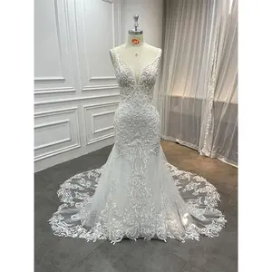 Vestido de novia elegante con escote en V y apliques de encaje, sirena con cuentas, trompeta, espalda transparente, marfil modesto, venta al por mayor