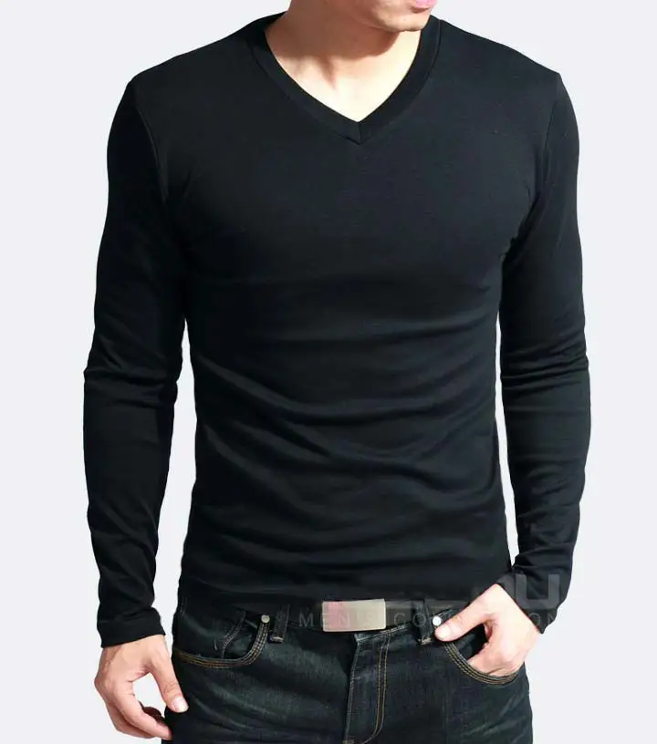 V-Neck Long Sleeve Men T Shirt Cotton T-Shirts Man Clothing TShirt Brand Tees Elastic Mens T-Shirt For Male