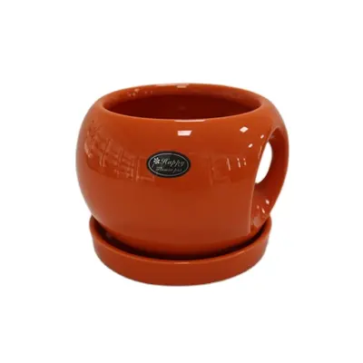 セラミックカップ形状ポットはハンドルとプレートラウンド植木鉢