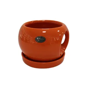 ceramic cup shape pot have handle and plate for round flower pot