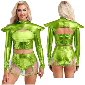 Disfraces de alienígena para mujer, conjunto de 2 piezas estilo espacial, top corto metálico, falda de PVC, holográfico, para festivales rave, cyberpunk - Product Image 4