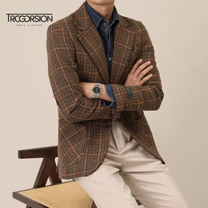 Veste en polyester rétro britannique en <span class=keywords><strong>tweed</strong></span> à chevrons en laine pour hommes, <span class=keywords><strong>blazer</strong></span> rembourré marron à simple boutonnage peigné décontracté et mince - Product Image 4