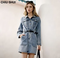 CHIU SHUI Robe en jean rétro pour femme, décontractée, cintrée à la taille, coupe trapèze, mini, en coton, pour l'automne