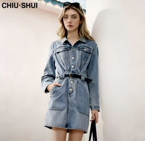 CHIU SHUI <span class=keywords><strong>Abito</strong></span> in denim retrò da donna, casual autunnale, con vita cinata, linea ad A, <span class=keywords><strong>mini</strong></span> in <span class=keywords><strong>cotone</strong></span> - Product Image 1