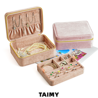 Boîte à bijoux en velours rectangulaire à double couche avec fermeture éclair, personnalisable avec logo, pour le rangement des bijoux des femmes au quotidien et en voyage
