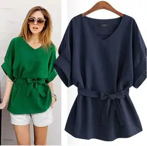 Zomer Damesblouses Linnen Tuniekshirt V-Hals Big Strik Batwing Korte Mouw Stropdas Losse Dames Blouse Dames Tops T-Shirt