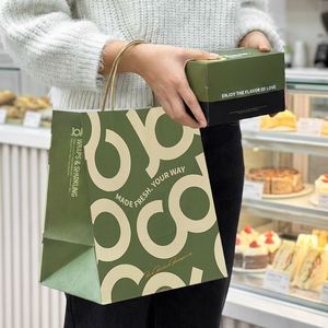 Custom Eco-Friendly Disposable Biodegradable Kraft <b>Paper</b> Bags with Handles for Dessert Cake Croissant Bread Toast Takeaway - Product Image 3