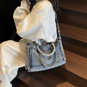 Sac à main en jean délavé vintage pour femme, sac bandoulière grande capacité, sac à main décontracté pour femme - Product Image 1