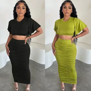 C230228 Spring Summer 2024 Casual Pleated Outfits Crop Top and Maxi Long Ruched Skirt 2 Piece Set Women