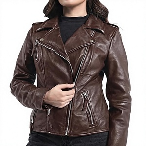 Women's Genuine Leather Motorcycle Jacket Brown Stand Collar <b>Zipper</b> Closure Full Sleeve Biker Style Autumn Wear - Product Image 1