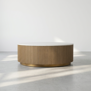 MYHOME 2026 Tavolino da Caffè Rotondo Moderno in <span class=keywords><strong>Legno</strong></span> di Quercia Massiccio con Piano in Marmo Design Canna per Arredamento Soggiorno - Product Image 2