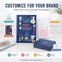 Carnet de recettes spirale personnalisé bleu marine avec couverture illustrée colorée sur le thème alimentaire, pages de planification de repas, impression de logo, vente en gros