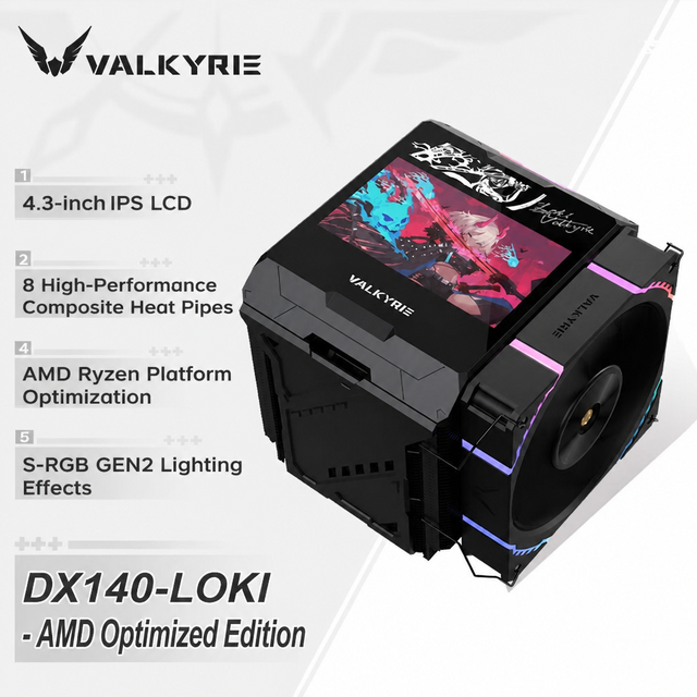 VALKYRIE DX140 AMD CPU Air Cooler 4.3" IPS LCD Screen 8 Heat Pipes AM5 Ryzen Optimized Edition TDP 300W